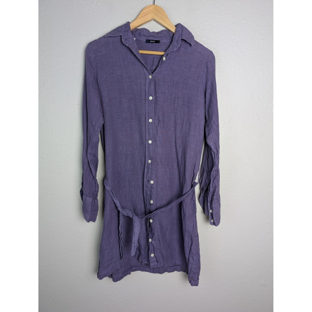 Benson Dress Womens L Purple Short Shirt Dress Collared Linen Belted Long Sleeve